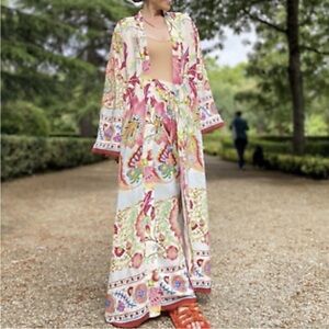 New Zara Floral Kimono Belted Long Robe Women Size XS NWT 7864/029